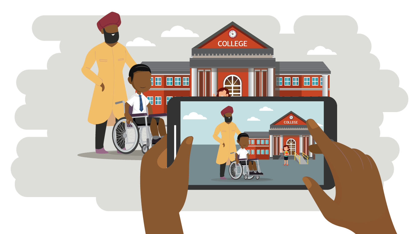 A photo being taken of an adult and a child who is sat in a wheelchair, in front of a college. Another child is stood holding a book in the background.