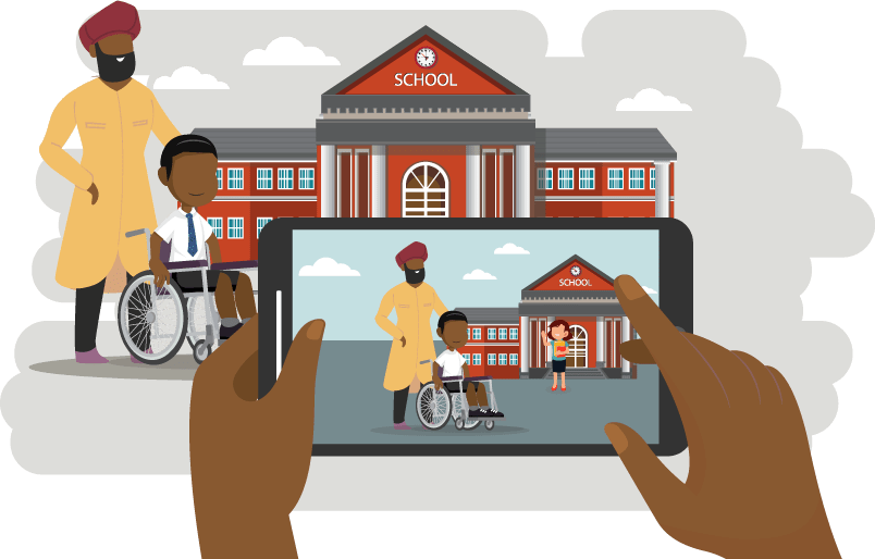 A photo being taken of an adult and a child who is sat in a wheelchair, in front of a school. Another child is stood holding a book in the background.