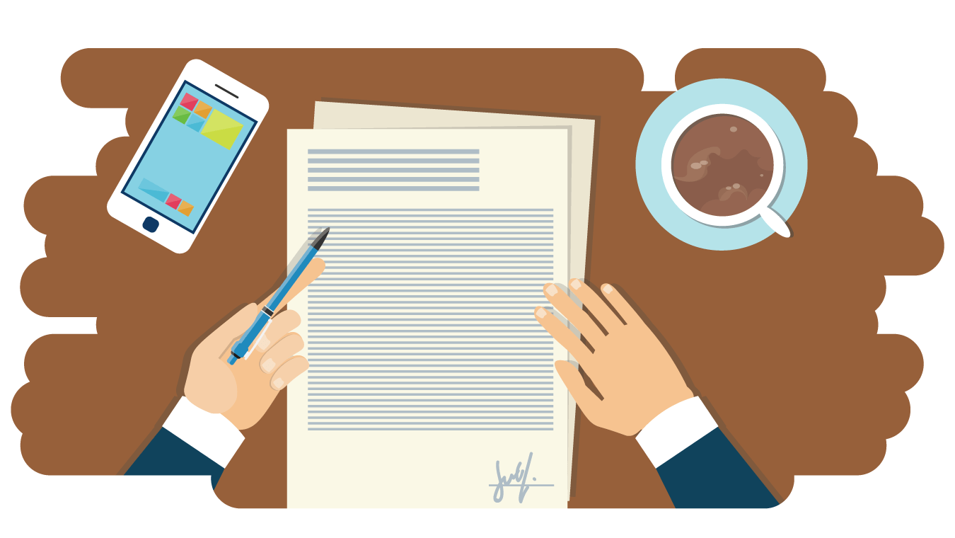 A professional checking a letter. A mobile phone and a hot drink are either side of the letter.