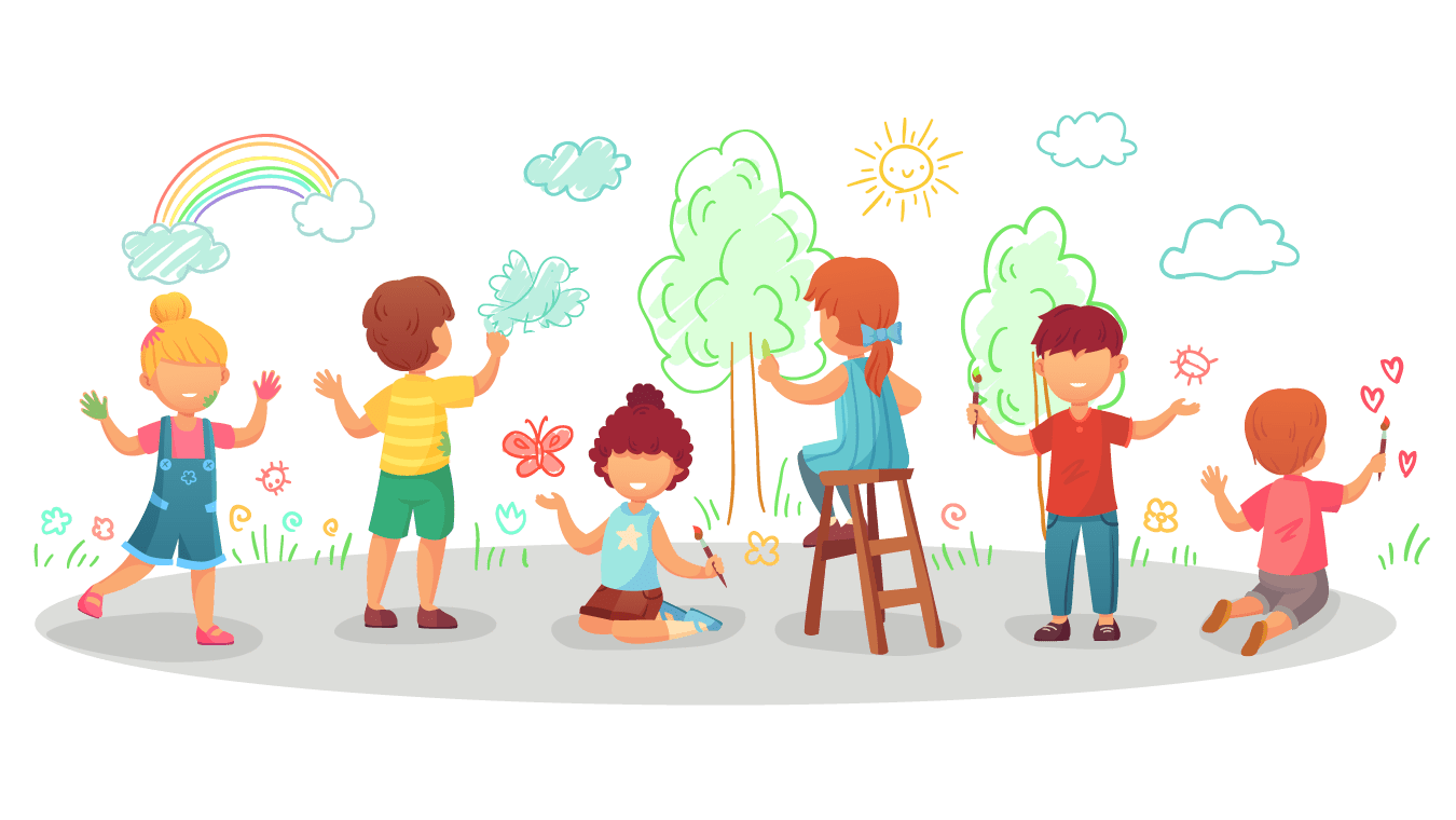 Six children painting together. They have painted things such as clouds, trees, a rainbow, a bird, a butterfly, ladybirds, flowers and love hearts.