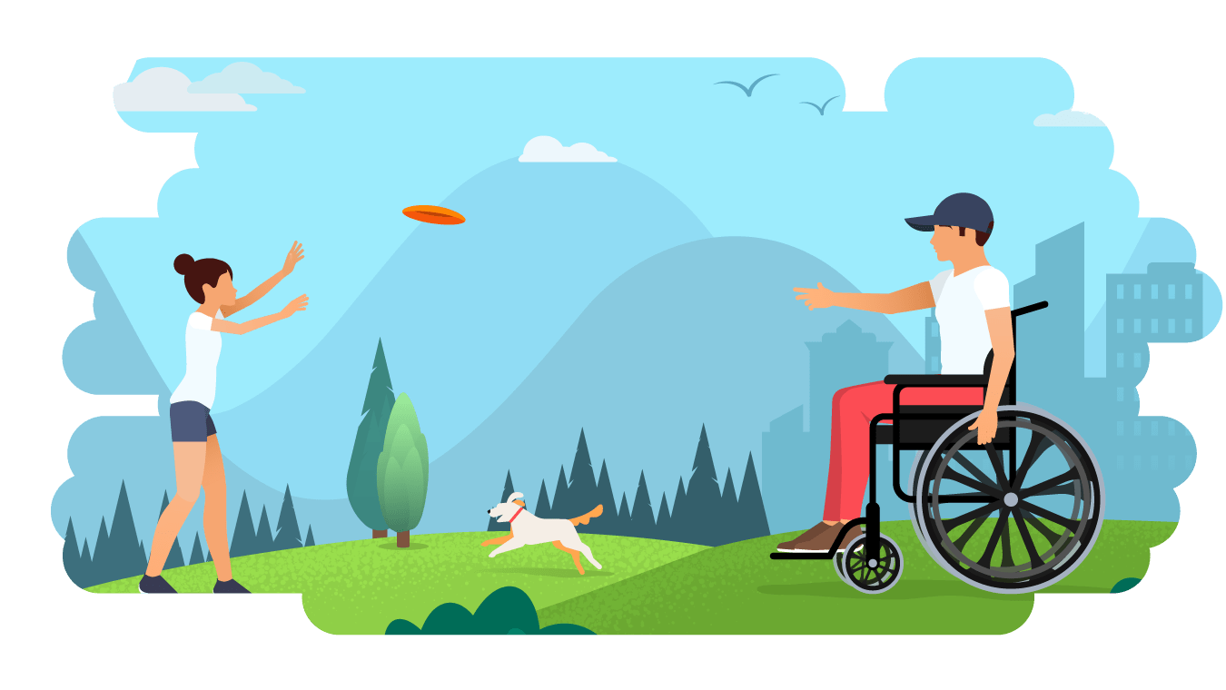 Two children playing frisbee on some grass, with a dog running between them. Buildings and mountains are in the background. One child is in a wheelchair.