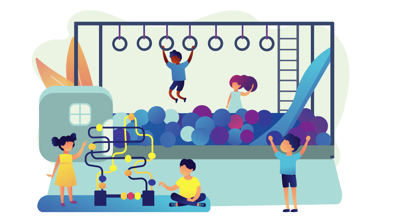 Five children playing games. Two children are playing with a beads maze, one child is swinging across a ball pit on hoops, one child is in the ball pit and one child is outside the play area with their arms in the air.