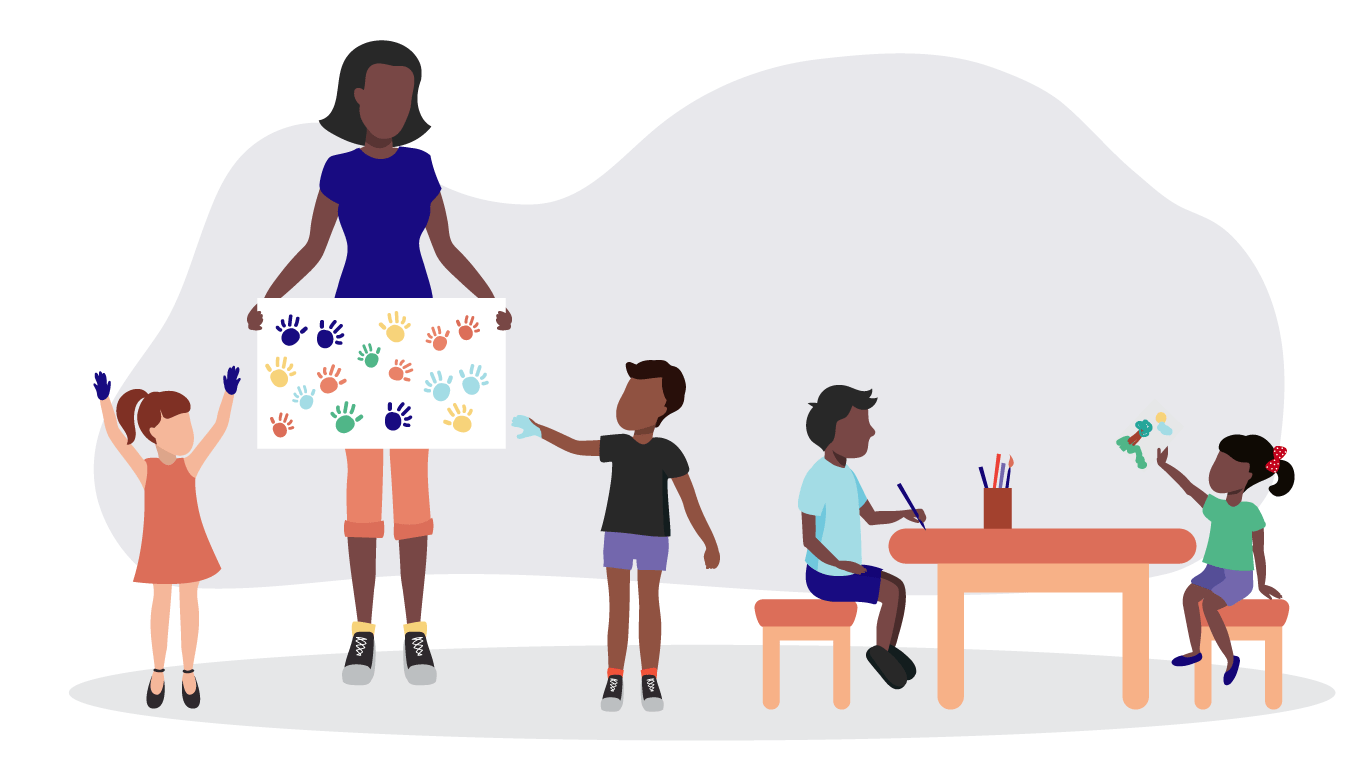 Four children and an adult in art class. The adult is holding up a piece of paper with paint hand prints on it, the two children who are standing have paint on their hands and the two children sitting down at a table, are creating art with pencils.