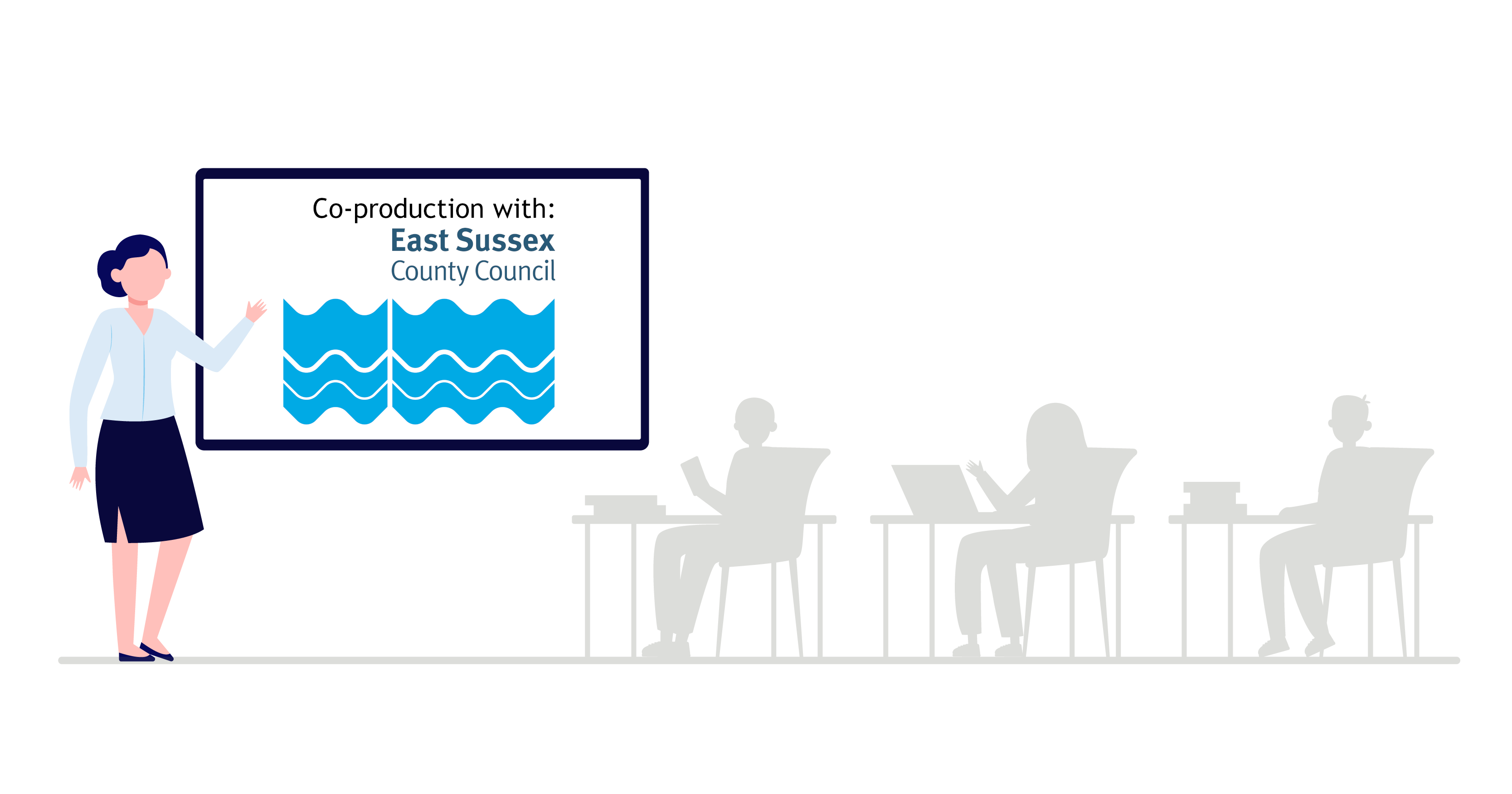 An individual stood up and pointing at a screen that says 'Co-production with East Sussex County Council', with the logo displayed. Three individuals are sat to the right with a desk and laptop in front of each. This image highlights the co-production between East Sussex County Council and lots of other local services.