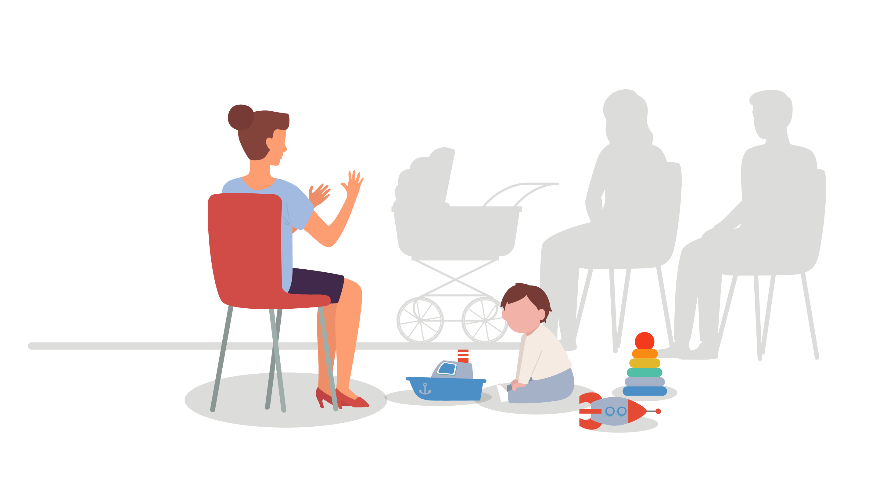 A teacher talking to parents about their child's communication. The child is sat on the floor playing with some toys.