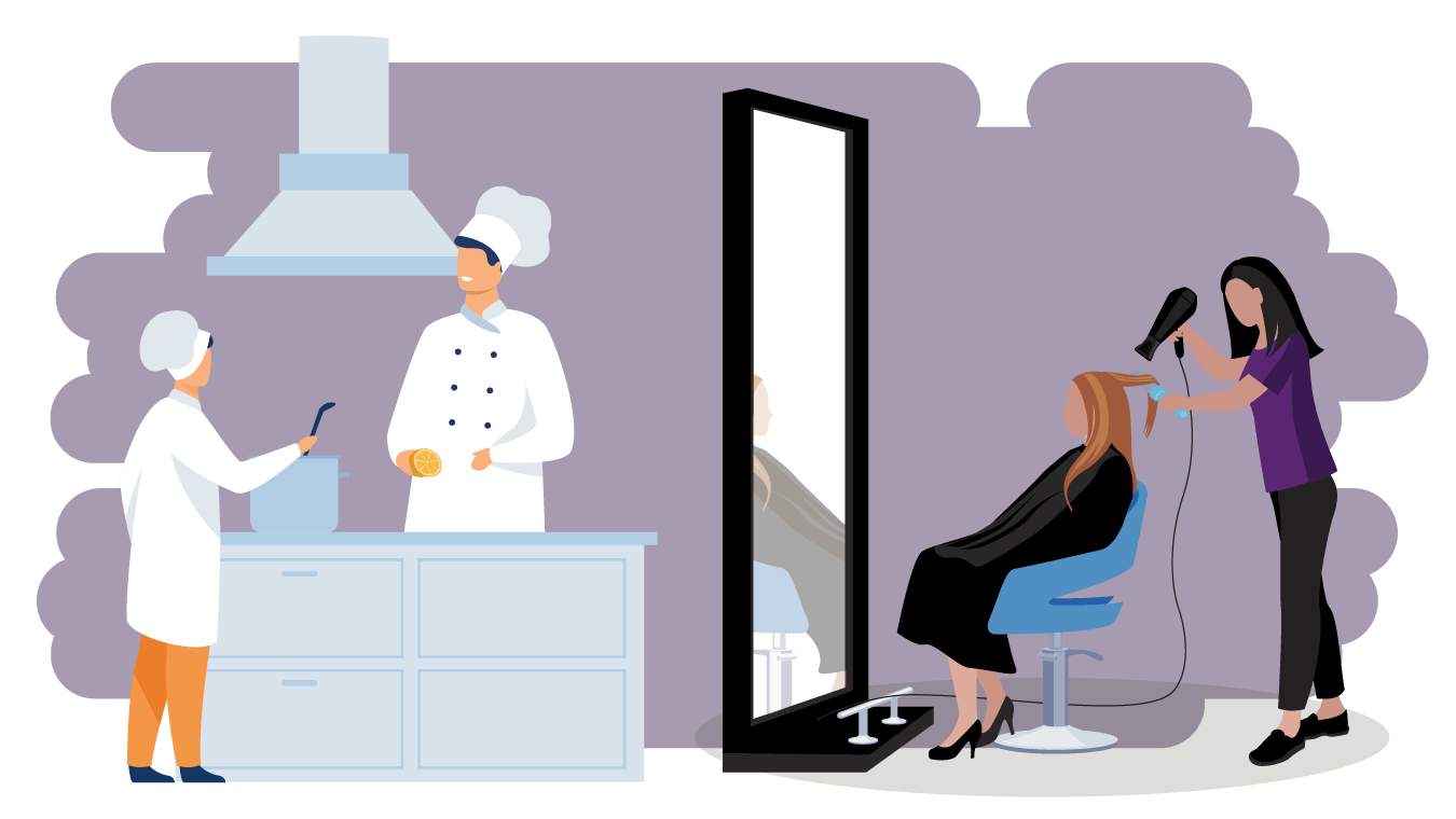 On the left of the image, two people are learning how to cook, and on the right are two young people learning about hairdressing.