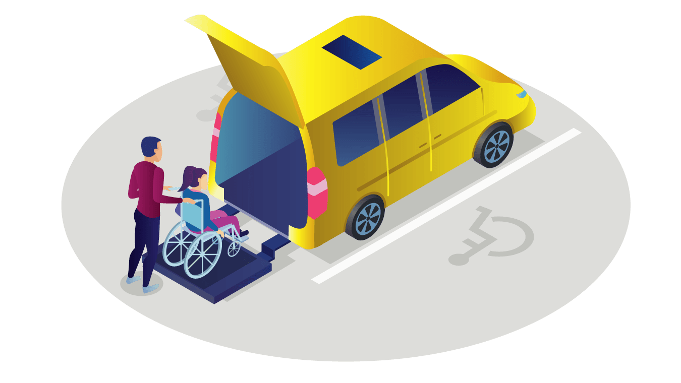 A vehicle with disabled access at the rear. An adult stood behind a young person who is in a wheelchair, on the vehicle lift.