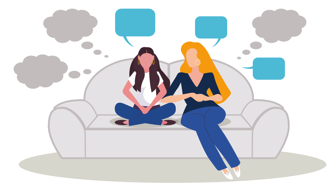 An adult and a child talking and thinking together on a sofa.