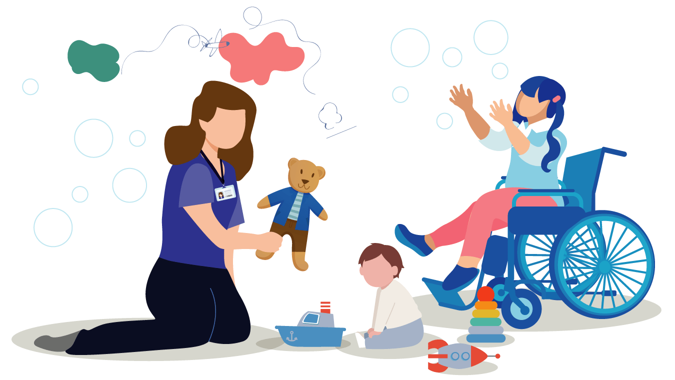 An adult using toys with two children. One child is sat on the floor and another is sat in a wheelchair. The toys include a rocket ship, a boat and a teddy bear.