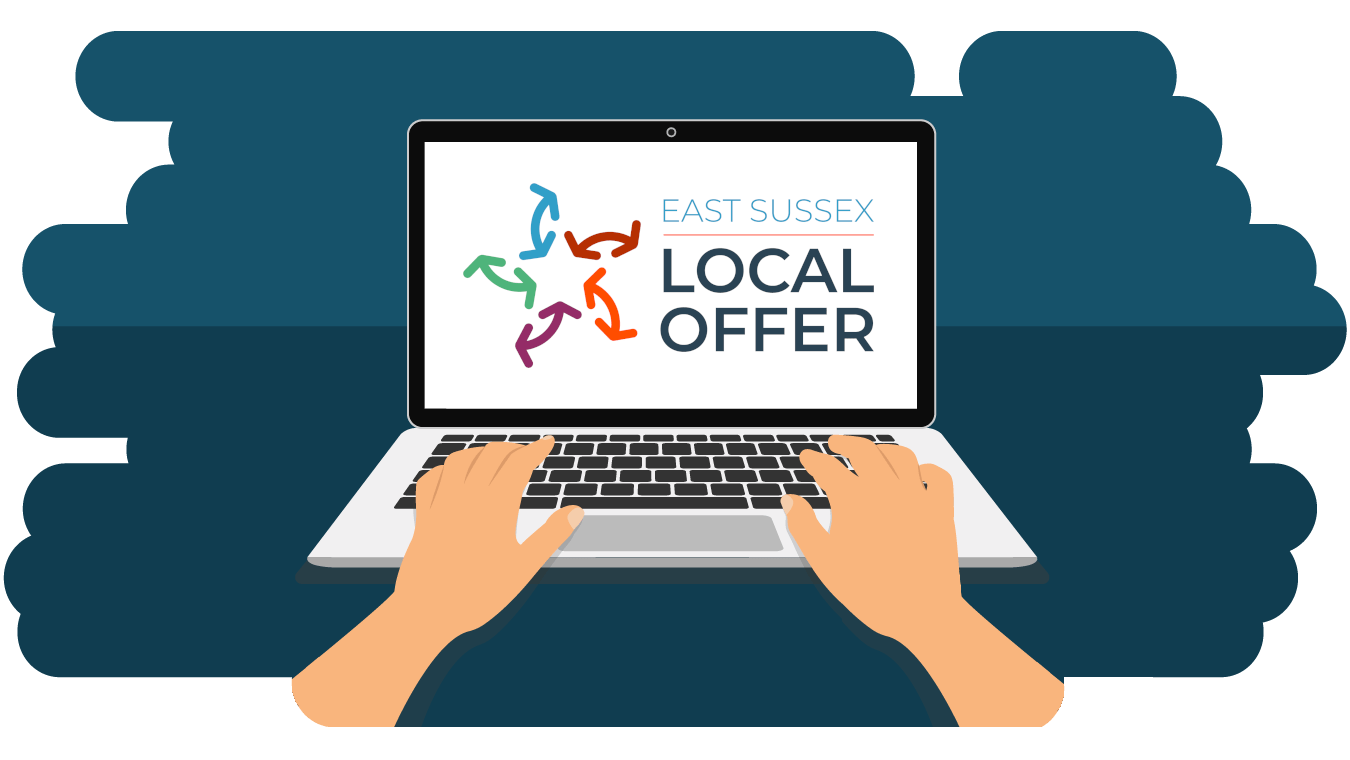 Someone using a computer with the East Sussex Local Offer logo displayed on the screen.