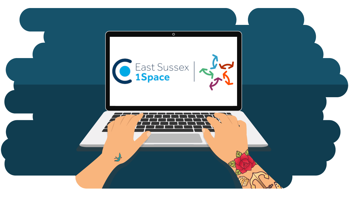Someone using a laptop, which is displaying both the East Sussex Local Offer and East Sussex 1Space logos.