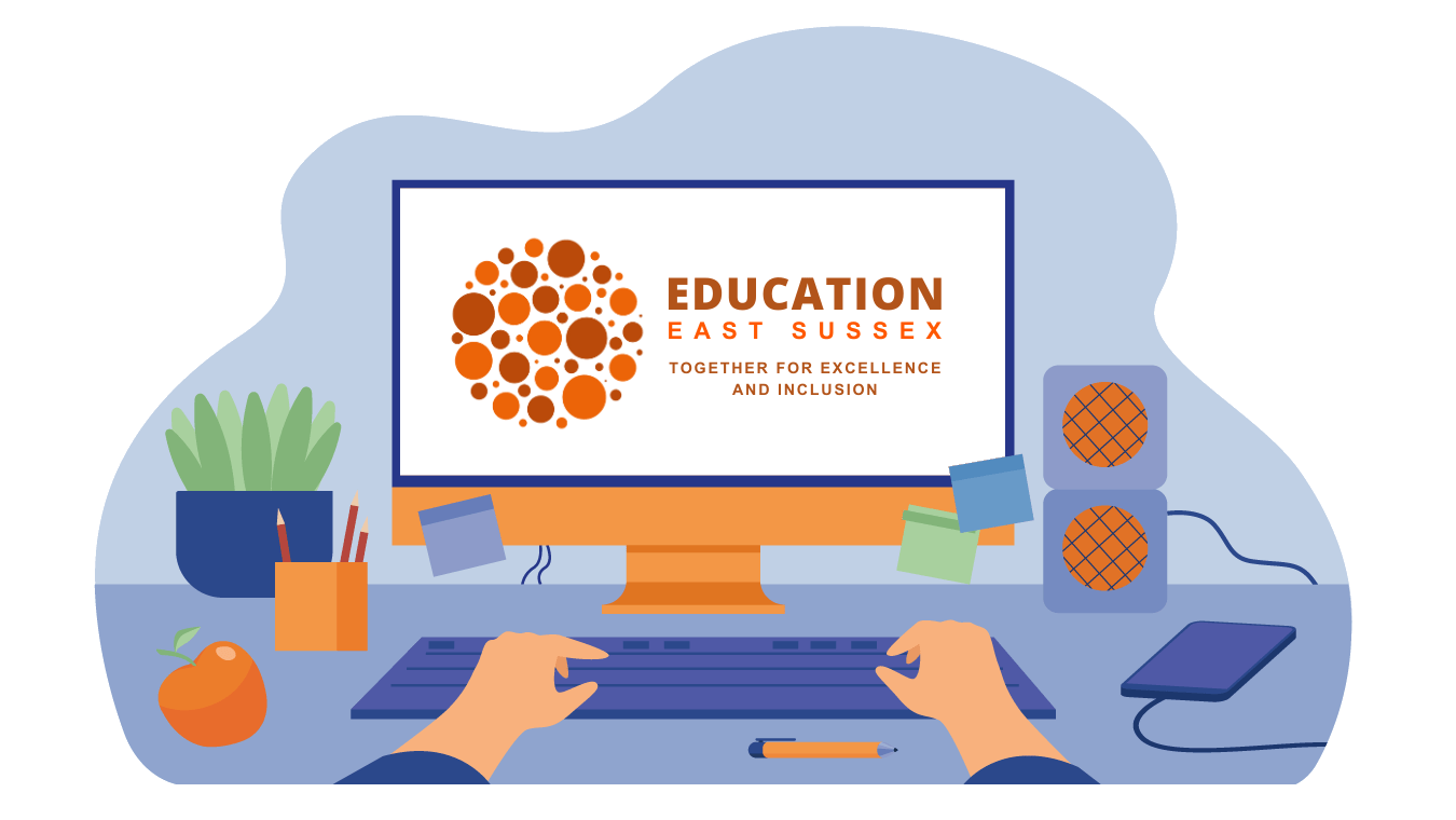 A computer screen with the logo for Education East Sussex displayed on it. It features lots of small orange circles which creates a larger circle, and the sentence 'Together for excellence and inclusion'.
