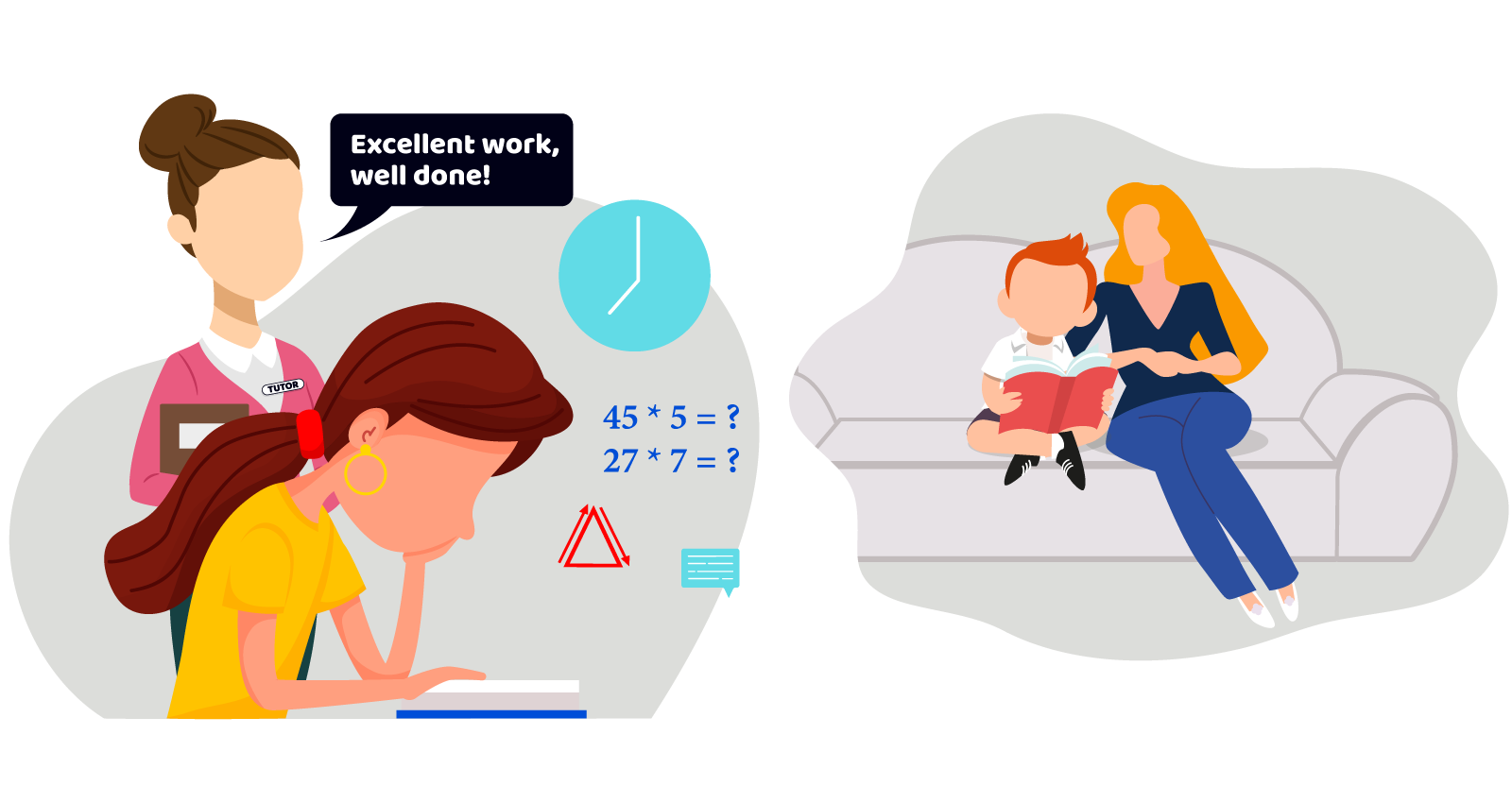 Two images showing a child being taught out of school. The image on the left shows a tutor praising a child while they are studying. The image on the right shows an adult sat with a child on a sofa. The child is reading a book.