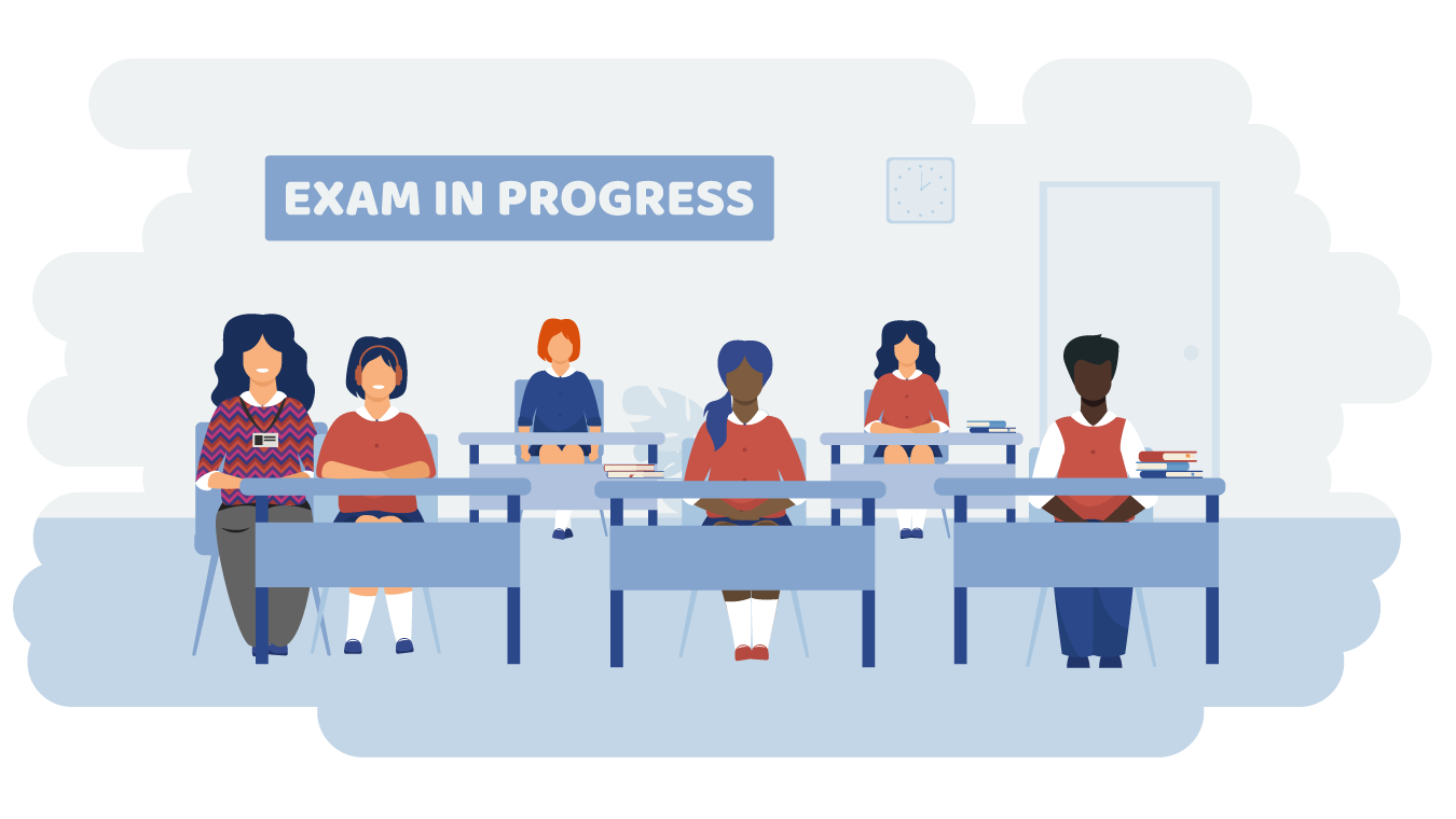 An exam in progress which shows five children sat at their individual desks. One child is receiving additional help from an adult who is sat next to them.