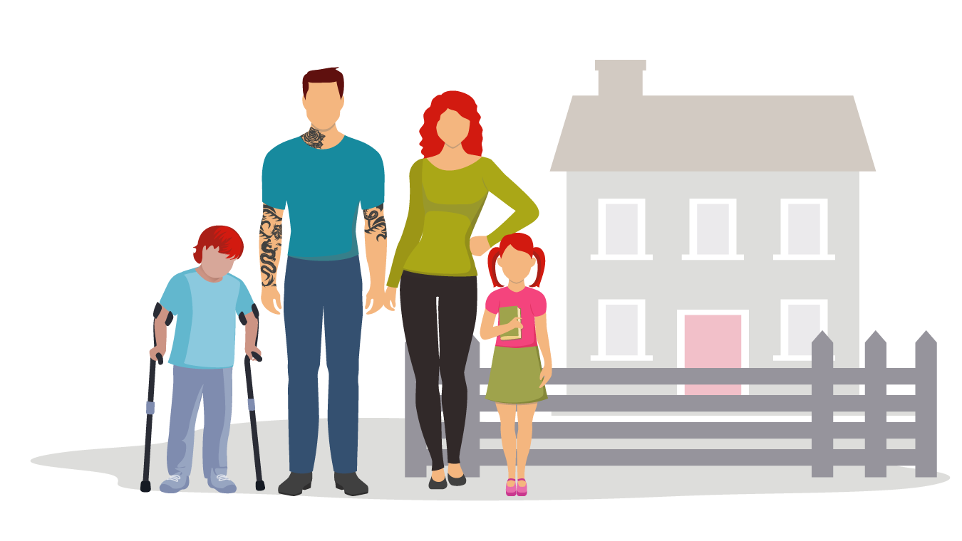 Two adults and two children stood outside a house. One child has two walking sticks and the other child is holding a green book.