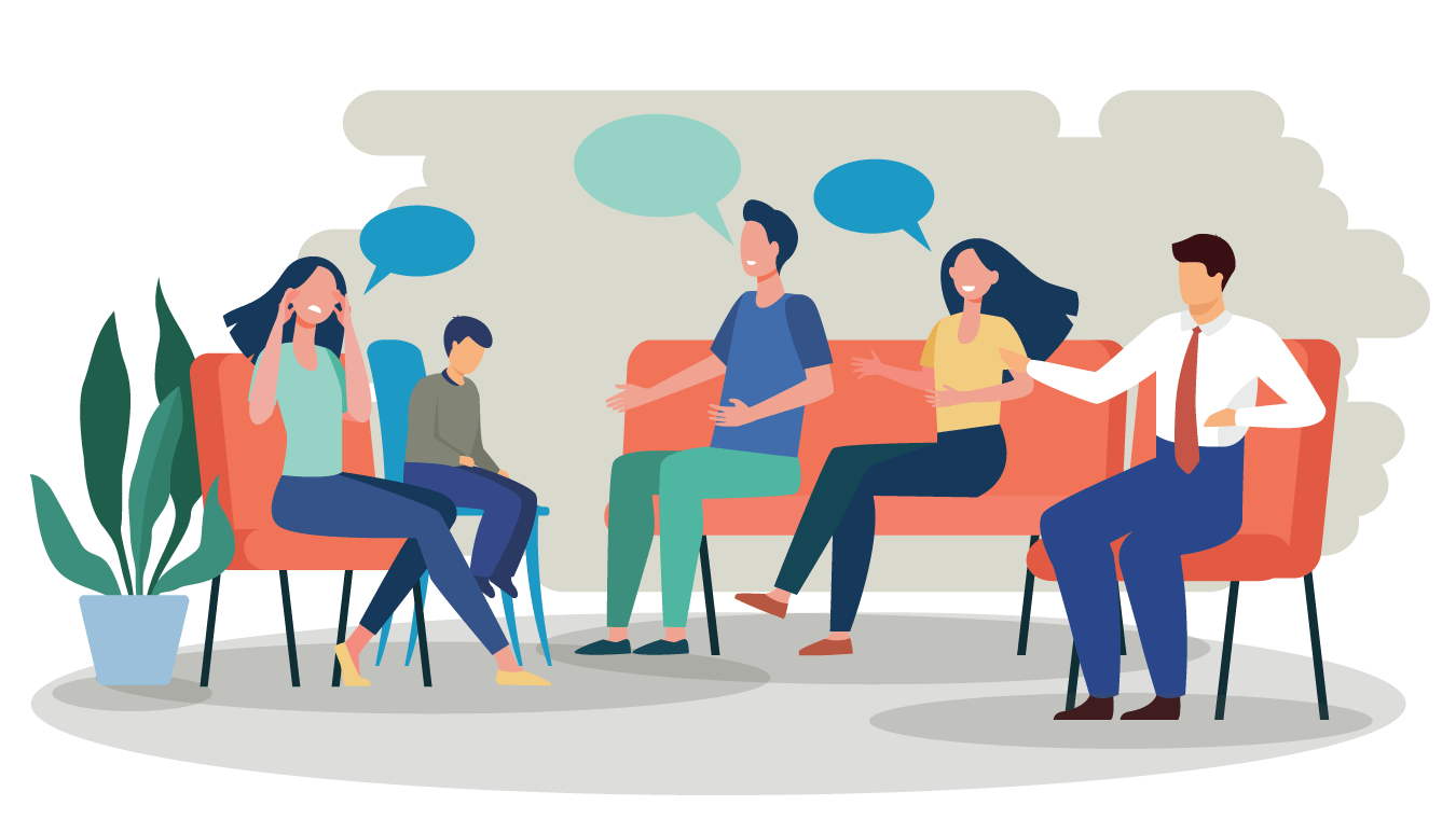 Four adults and one child sat down having a conversation.