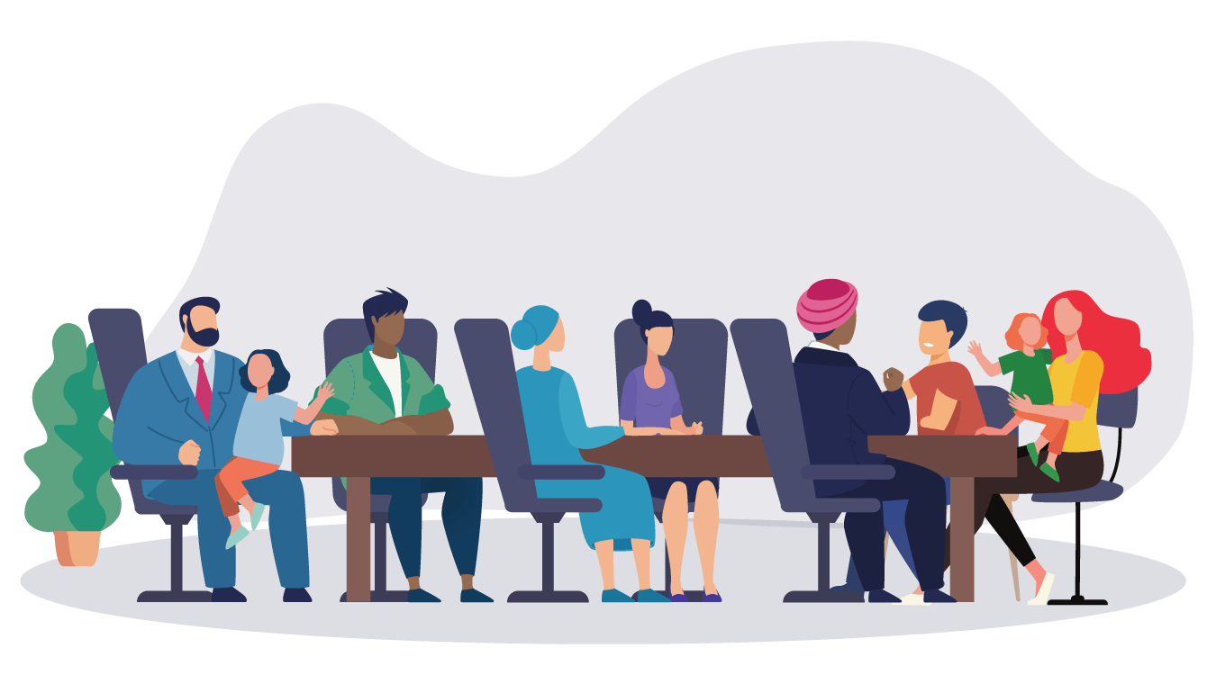 Six adults and three children all sat down around a table.