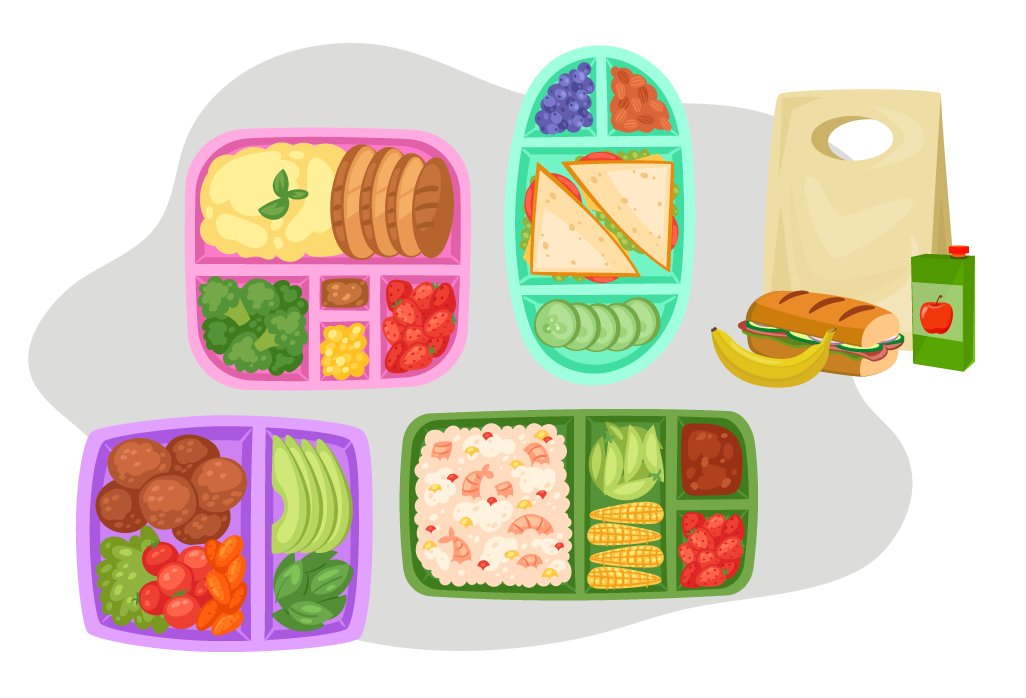 Four dinner trays and a bag displaying a variety of healthy foods. This includes sweetcorn, tomatoes, apple, cucumber and sandwiches.