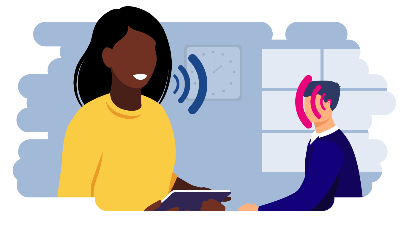 An adult and a child talking, with a speaker symbol being displayed for both of them.