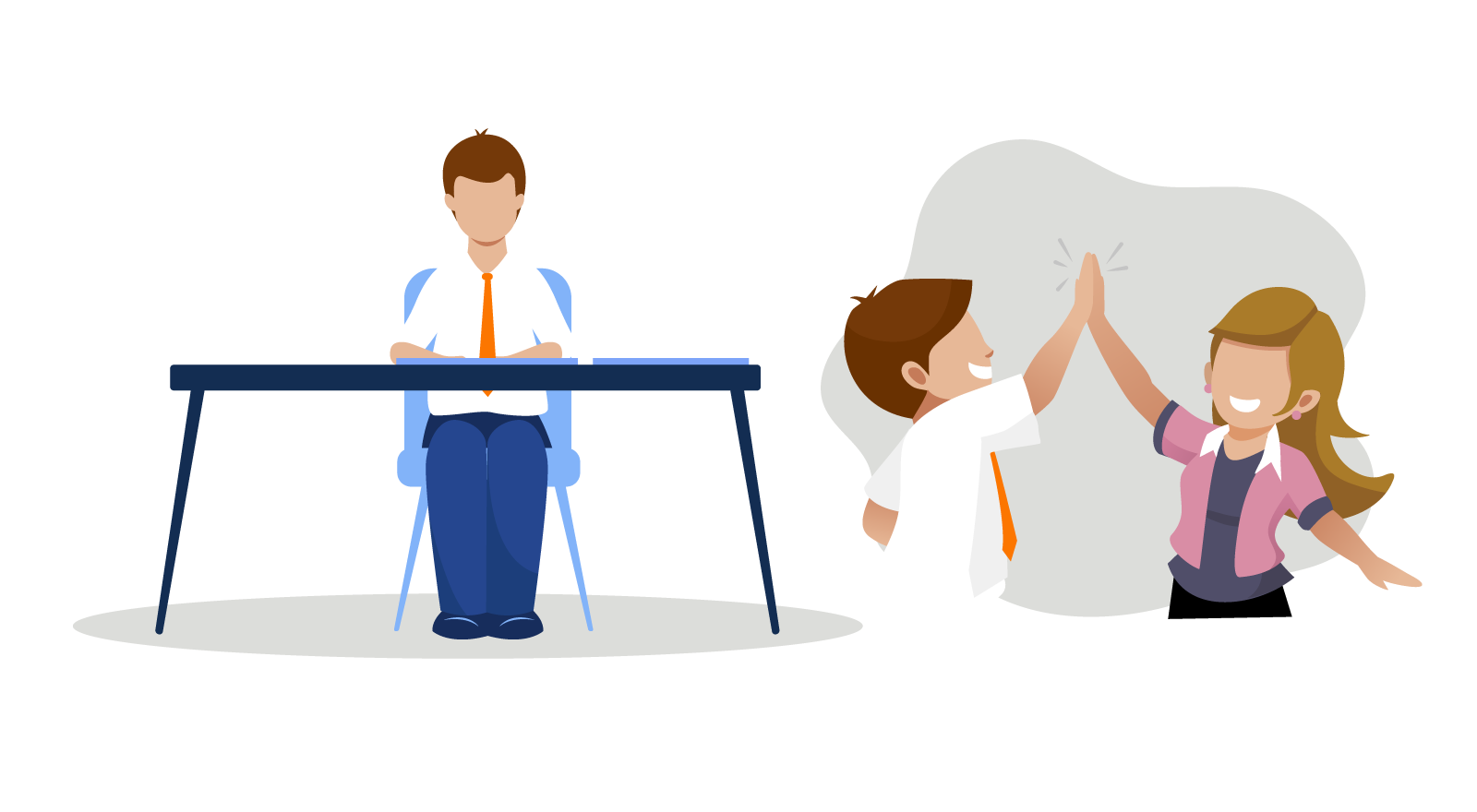 An image highlighting life in school. On the left is a child sat at a classroom desk. On the right is two children smiling and high fiving.