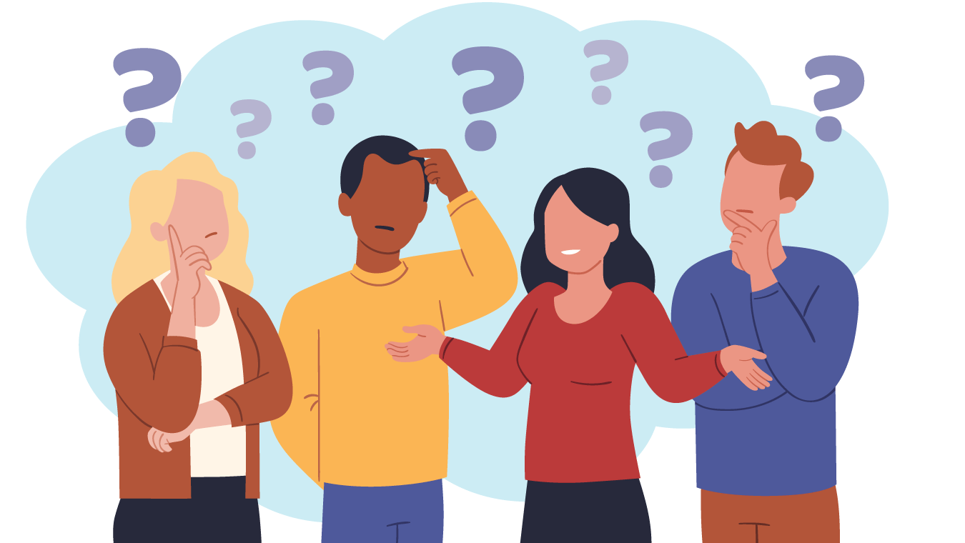 Four adults thinking, looking confused with question mark symbols above their heads.