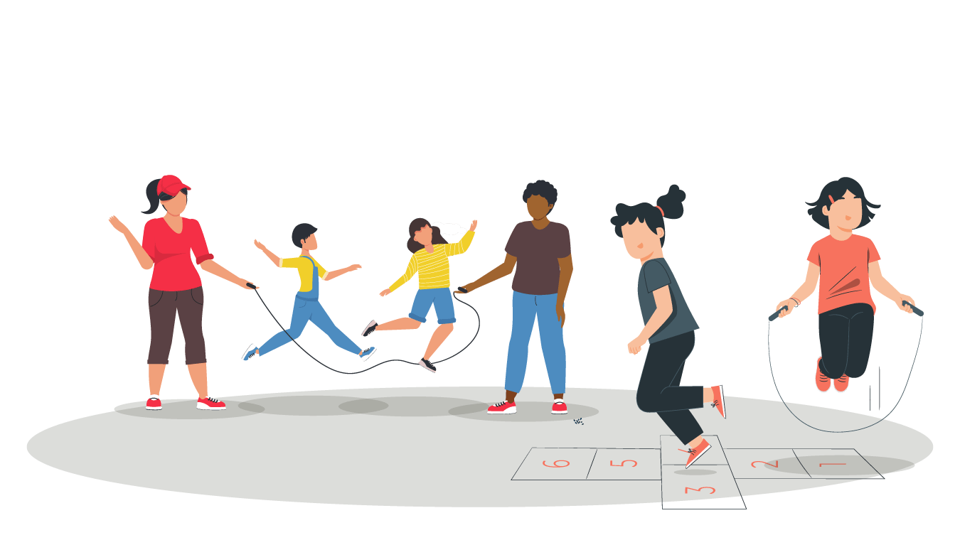 Four children and two adults playing in a playground. This includes two skipping ropes and a child playing hopscotch.