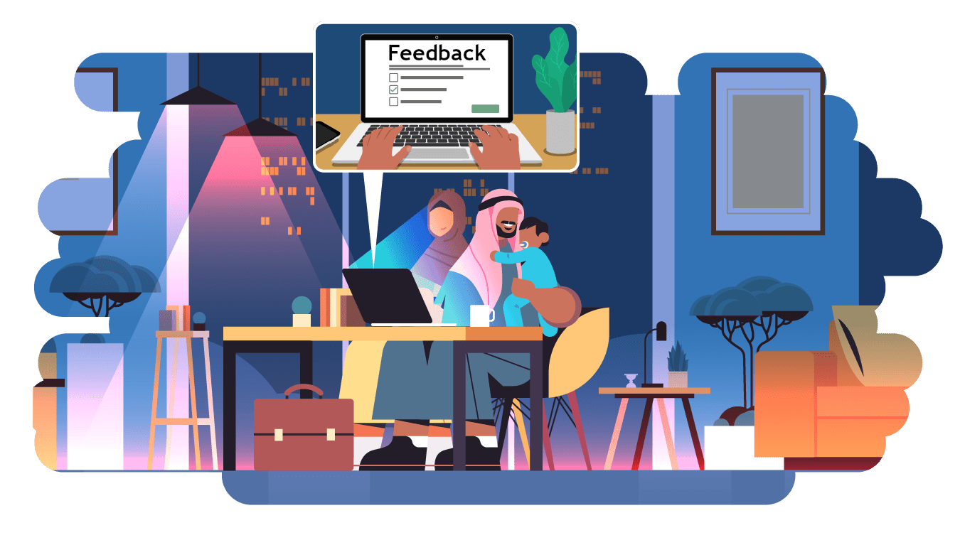 Two adults providing feedback on a laptop, while holding a child.