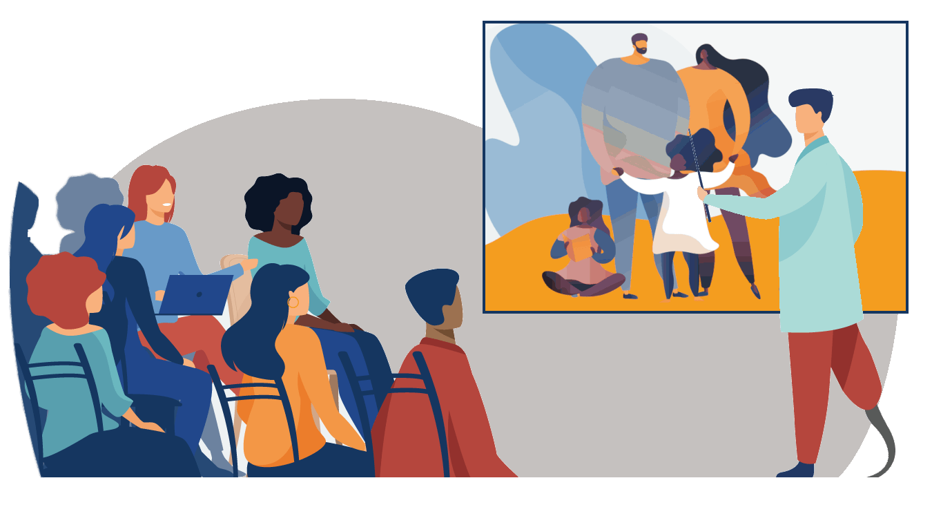 A person standing up and pointing to an image of the SEND and AP Change Programme to eight people who are sat down. The SEND and AP Change Programme image consists of two adults and two children close together.