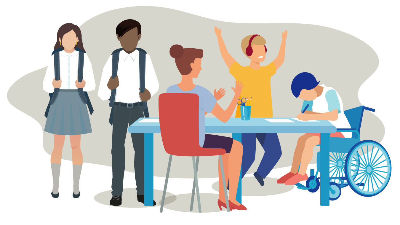 Three people standing, one person sat in a chair and one person sat in a wheelchair, around a table. One of the children is wearing ear defenders.