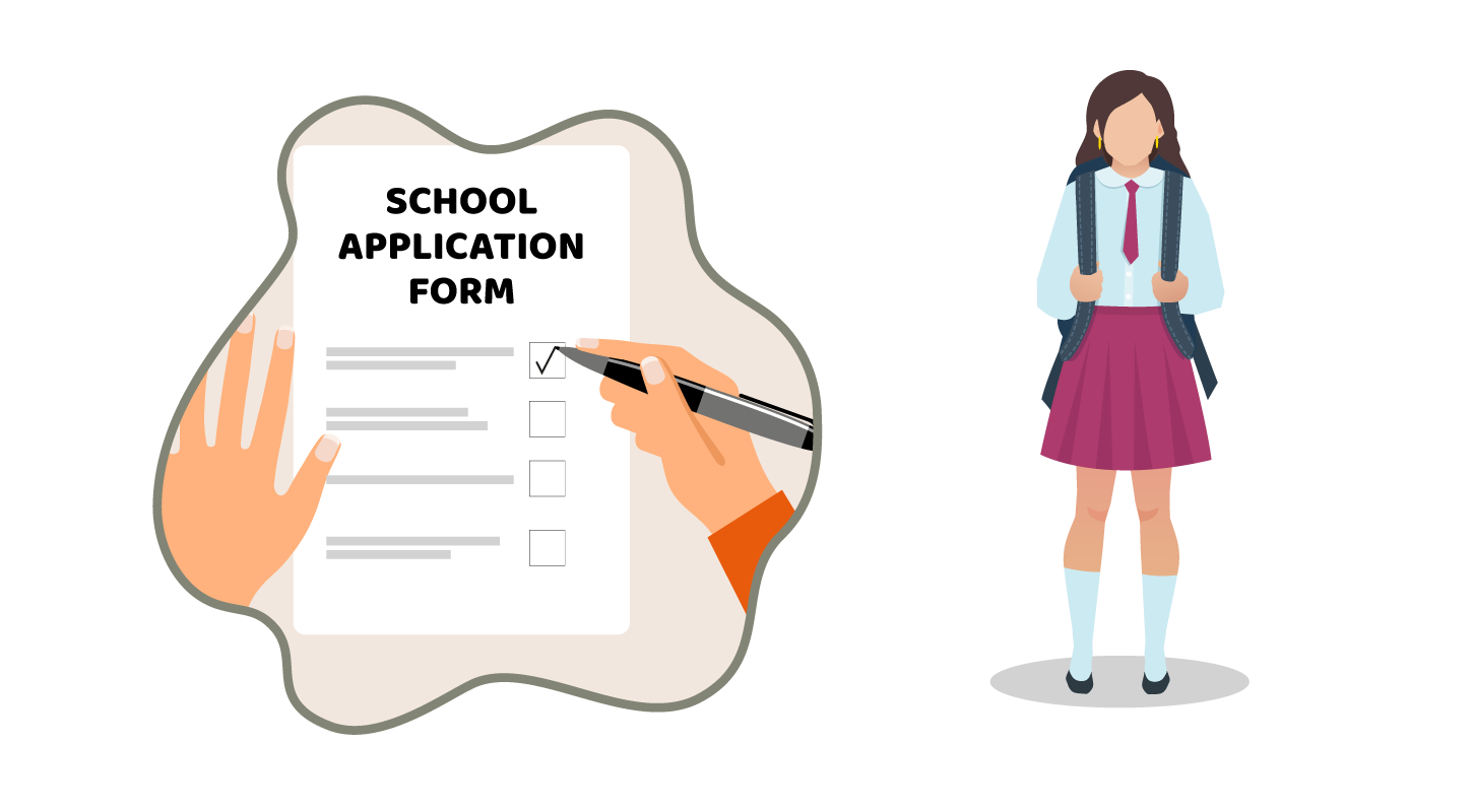 Someone ticking a box on a school application form. To the left shows a young child in school uniform.