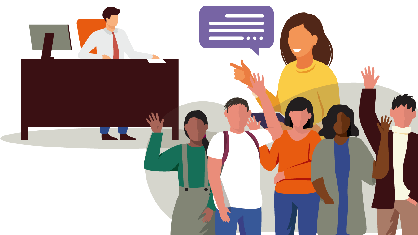 Young people talking, putting their hands up and working.