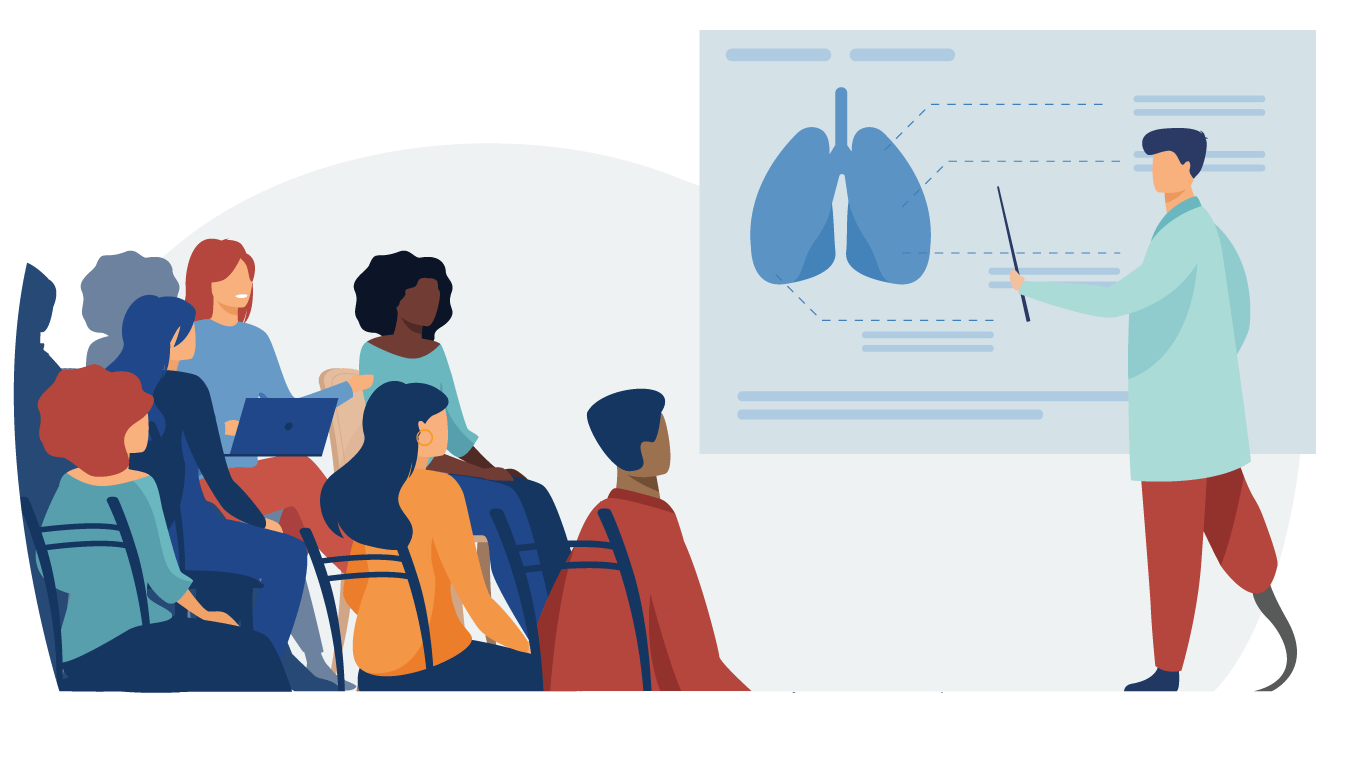 A teacher lecturing a class of children / young people.