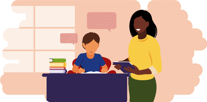 An adult teaching a child in class.