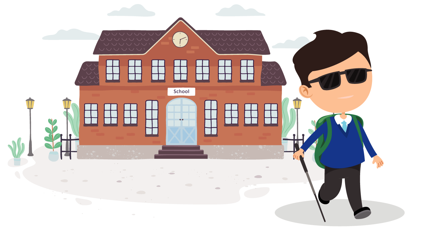 A visually impaired child with glasses and a backpack on, holding a walking stick, walking in front of a school.