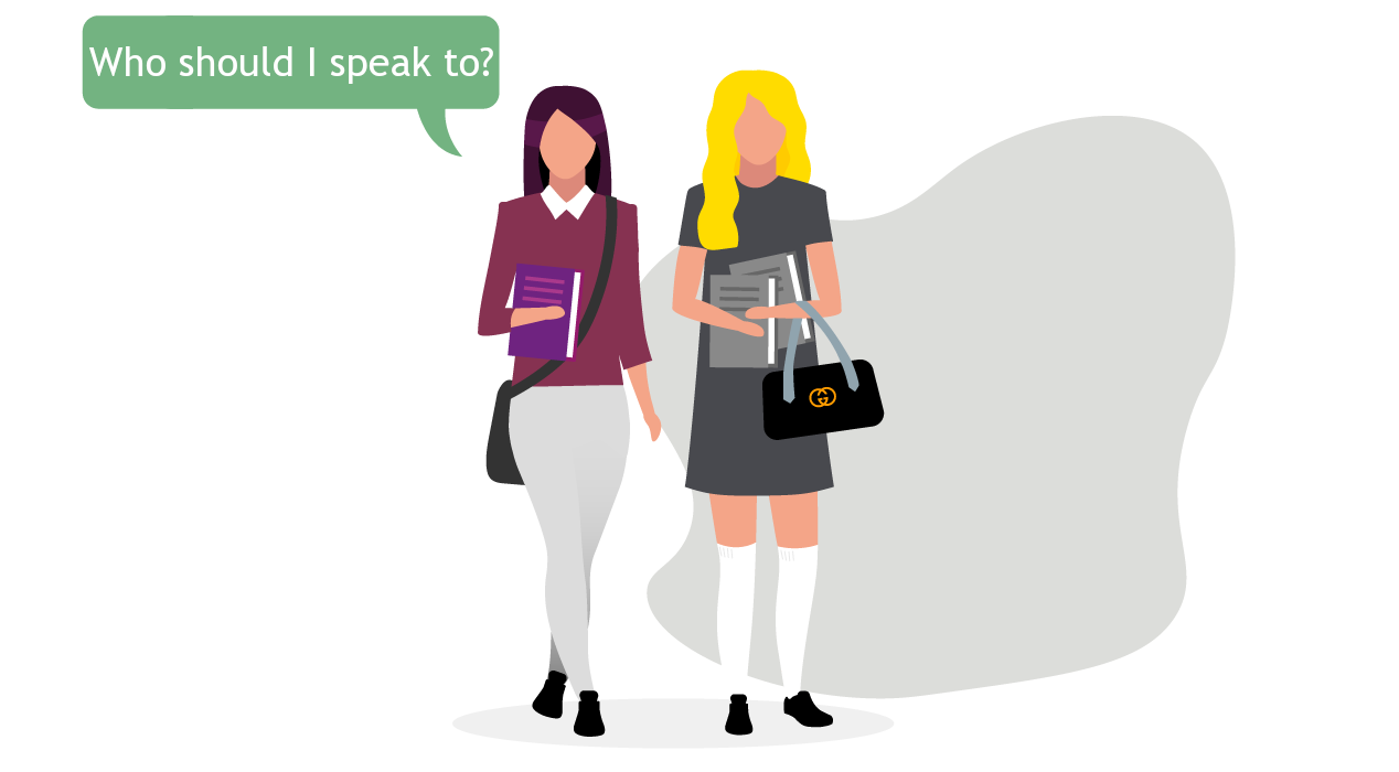Two young people stood next to each other. The person on the left asks 'Who Should I Speak To?'.