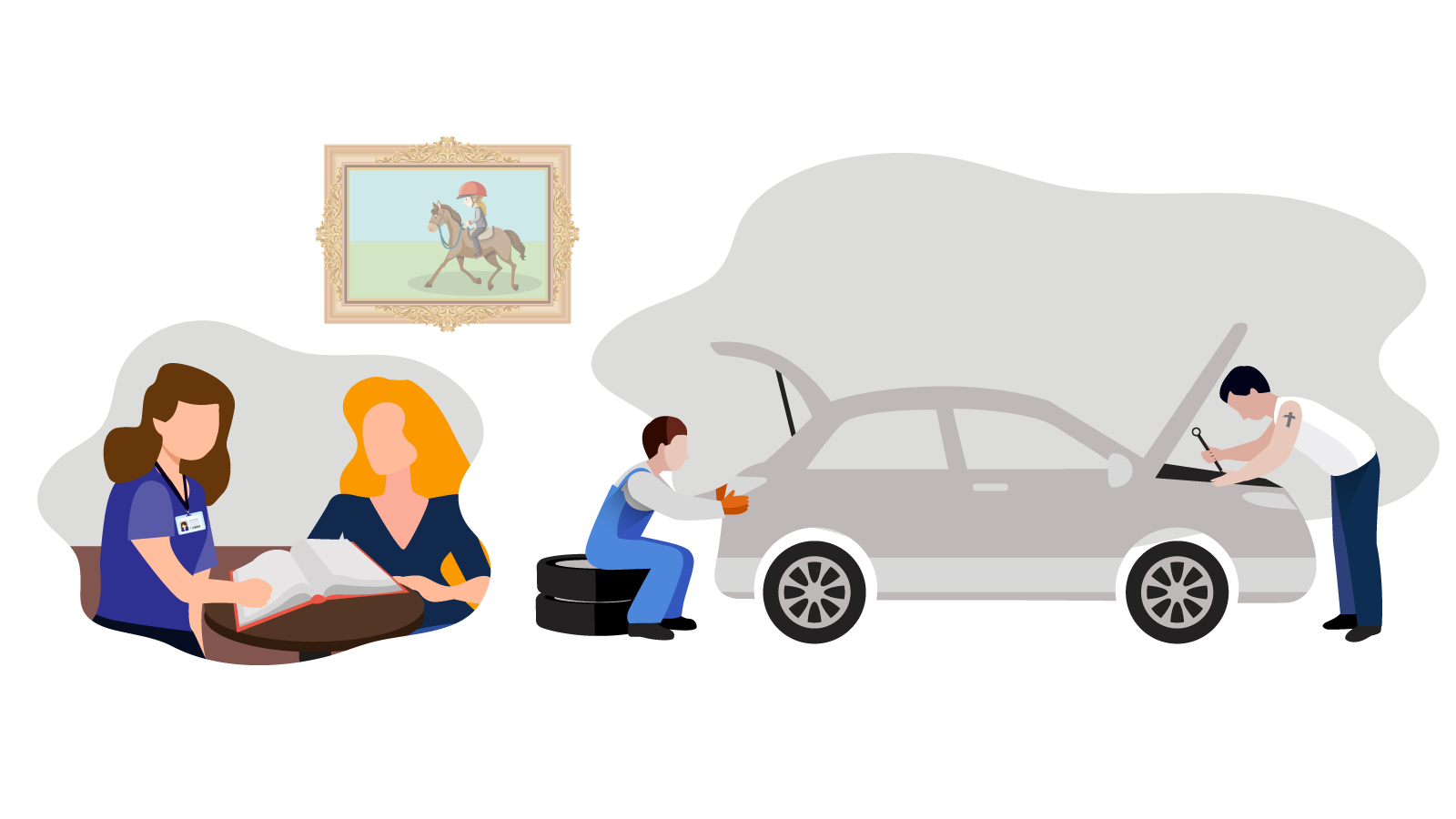 An image on the left showing two individuals, one helping the other learn while reading a book. On the right, there are two people working on repairing a car. Above both images, is a painting of a young person horse riding.
